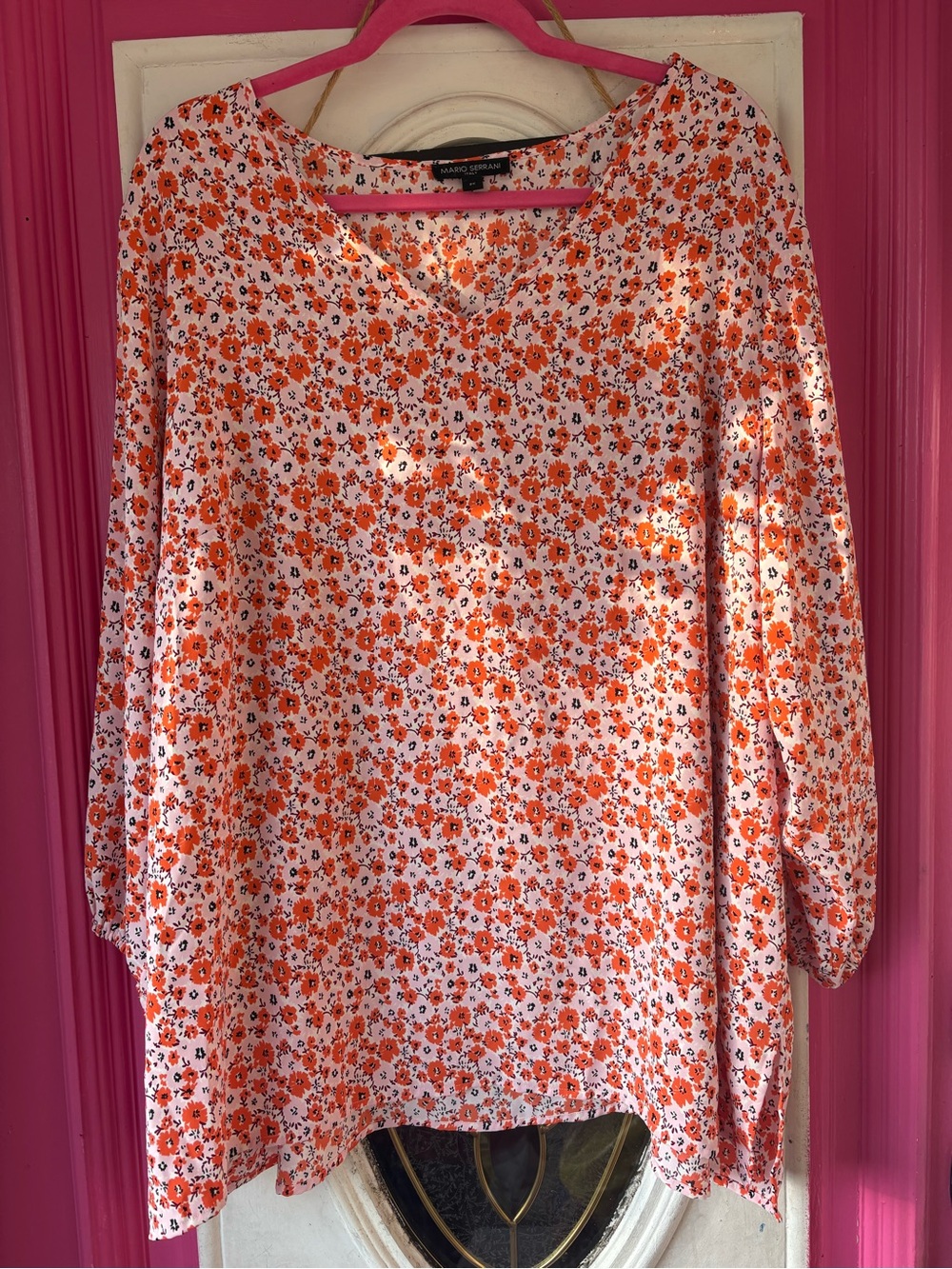 Mario Serrani Pink Trim Floral Top with Orange Blooms Fall